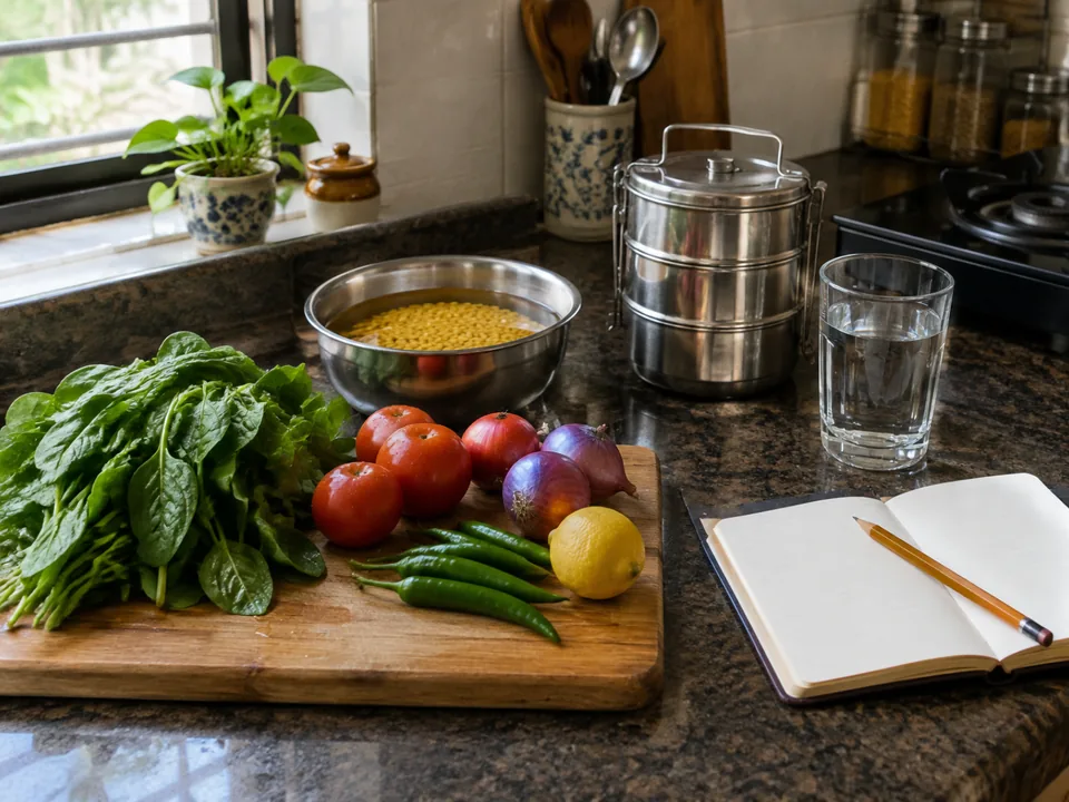 A home kitchen counter in morning light with fresh vegetables, a bowl of dal, a steel tiffin and a notebook