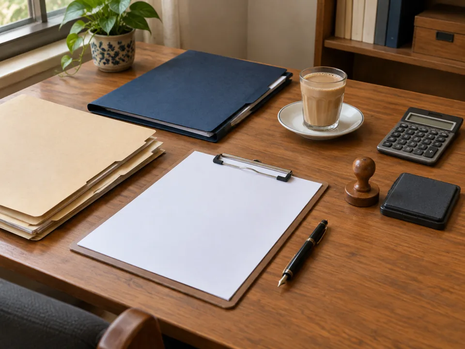 A tidy office desk with file folders, a blank letter, a pen, a rubber stamp and a cup of tea
