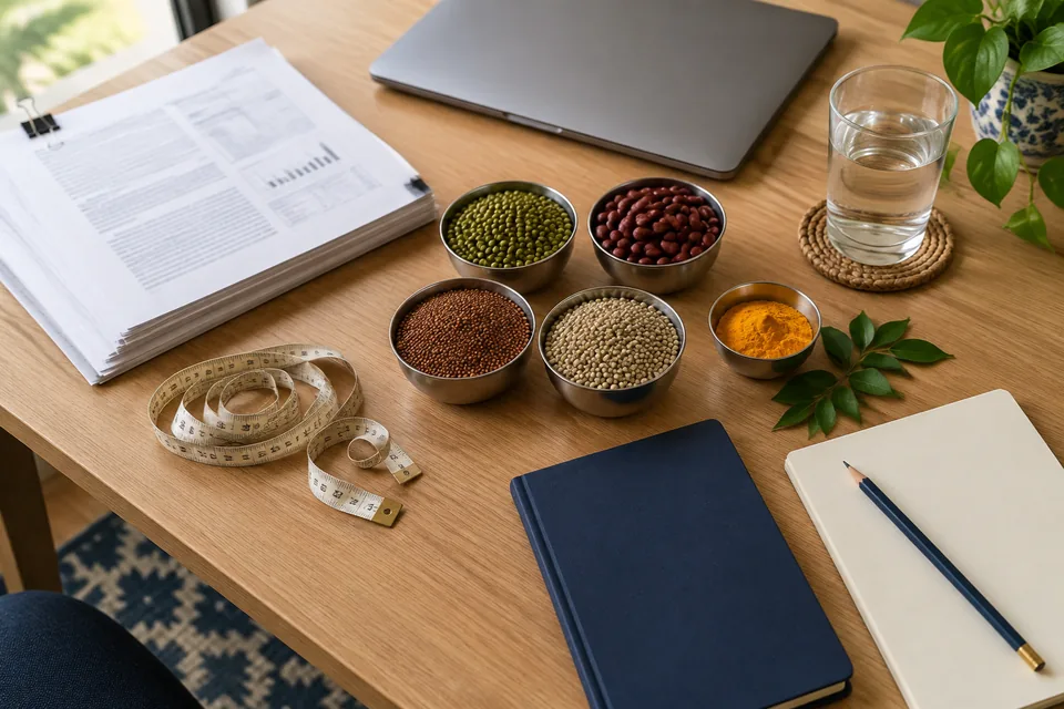 A tidy nutrition research desk with printed papers, a laptop, a measuring tape and small steel bowls of moong, rajma, ragi and bajra