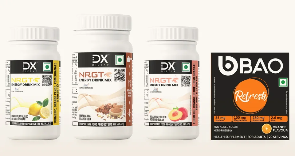 NRGT Lemon, Masala Tea and Peach flavoured drink mix jars and a BAO Refresh orange flavour pack on a warm oat background