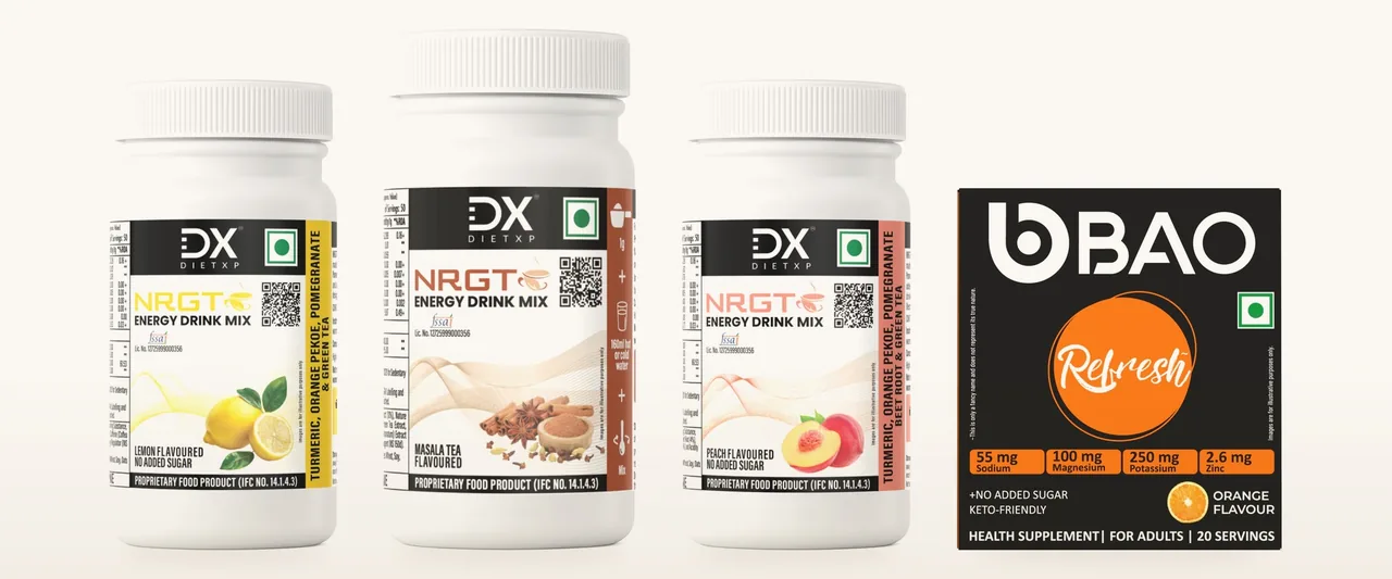 NRGT Lemon, Masala Tea and Peach flavoured jars and a BAO Refresh orange flavour pack on an oat background