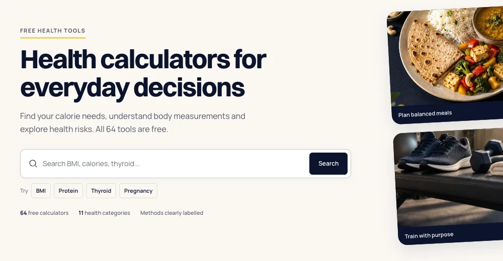 Screenshot of the DietXP health calculators page: 64 free calculators in 11 categories with a search box