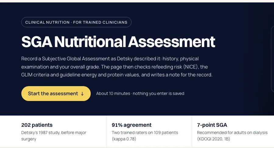 Screenshot of the SGA Nutritional Assessment page for trained clinicians