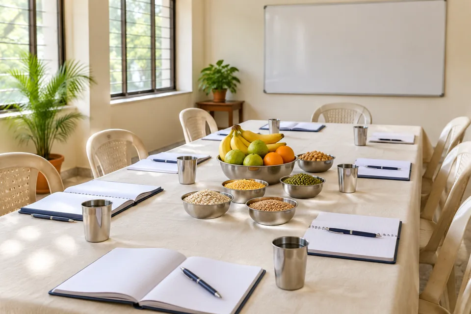 A bright community hall table set for a nutrition session with notebooks, steel tumblers and a bowl of fruit
